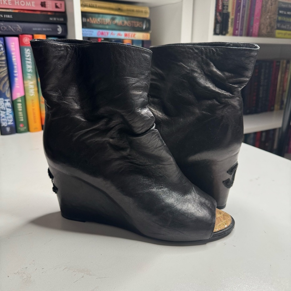 CHANEL Black Leather Wedge Booties